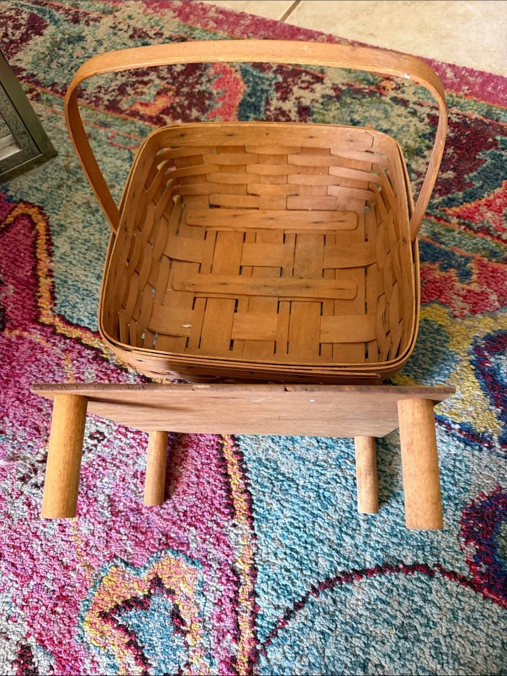 Large Longaberger Natural Brown Woven Basket with Handle and Riser